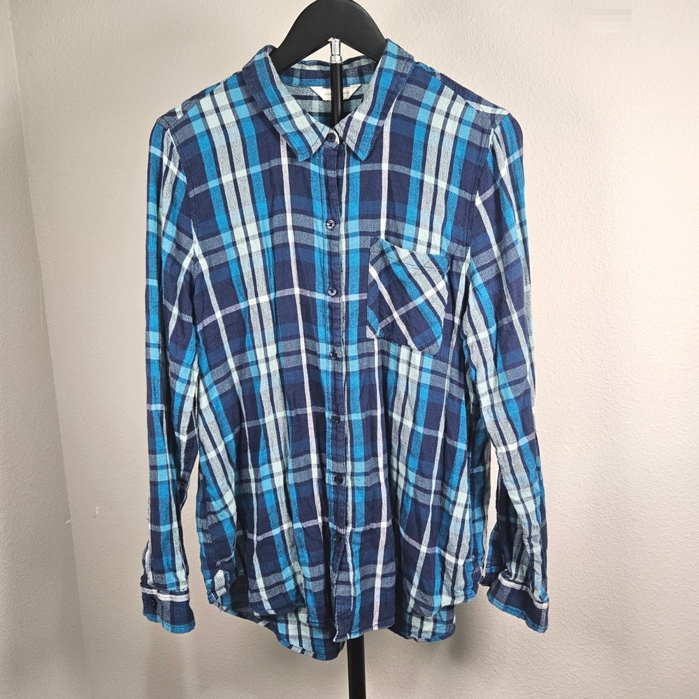 Lucky Brand Plaid Button Down Womens Large Blue Teal Cotton Blend Casual Boho
